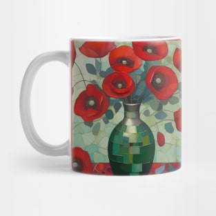 Red Poppies and Eucalyptus Leaves in a Geometric Green Vase Mug